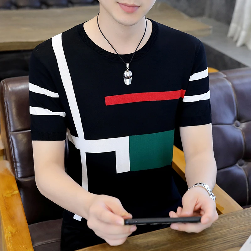 青年夏季新款冰麻针织圆领套头短袖男士T恤时尚潮流半袖百搭体恤