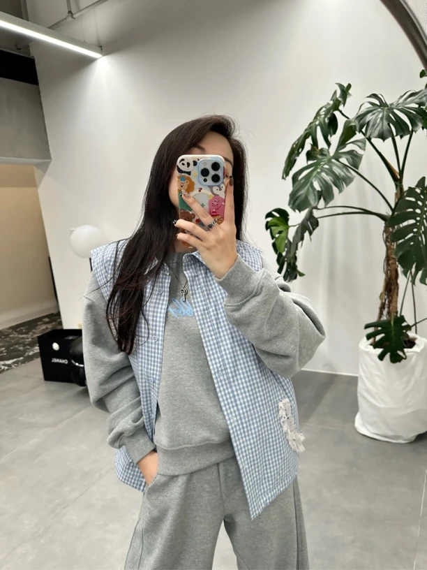 Hi TO Hi 设计师品牌蓝色系列格纹拼接蕾丝马甲