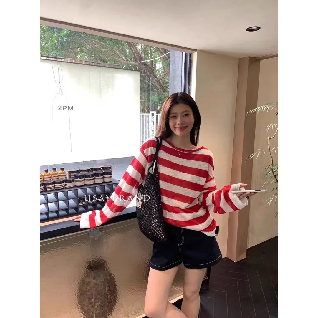 韩系新款夏季设计感冰丝长袖条纹露背交叉防晒圆领宽松慵懒风上衣