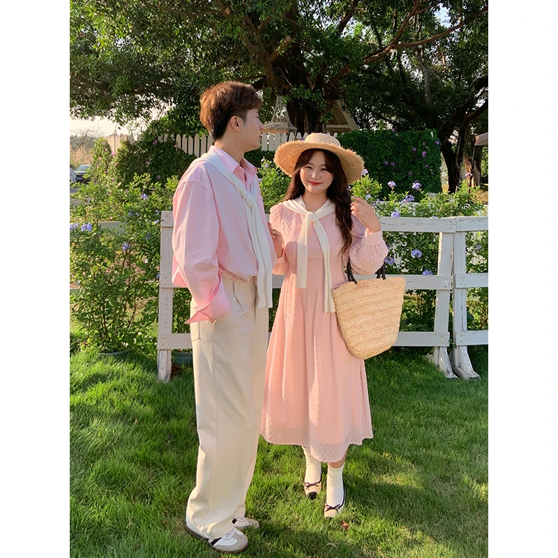 KMZY/KMZY山_山【韩系少女】微胖女装韩系气质嫩粉色连衣裙（赠披肩）