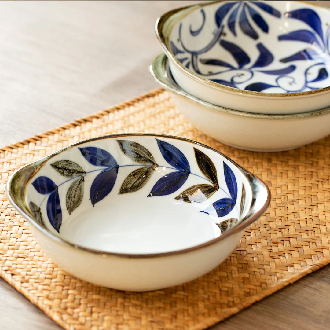 日本进口烧翔芳窑手绘双耳汤碗防烫面碗复古日式沙拉碗釉下彩