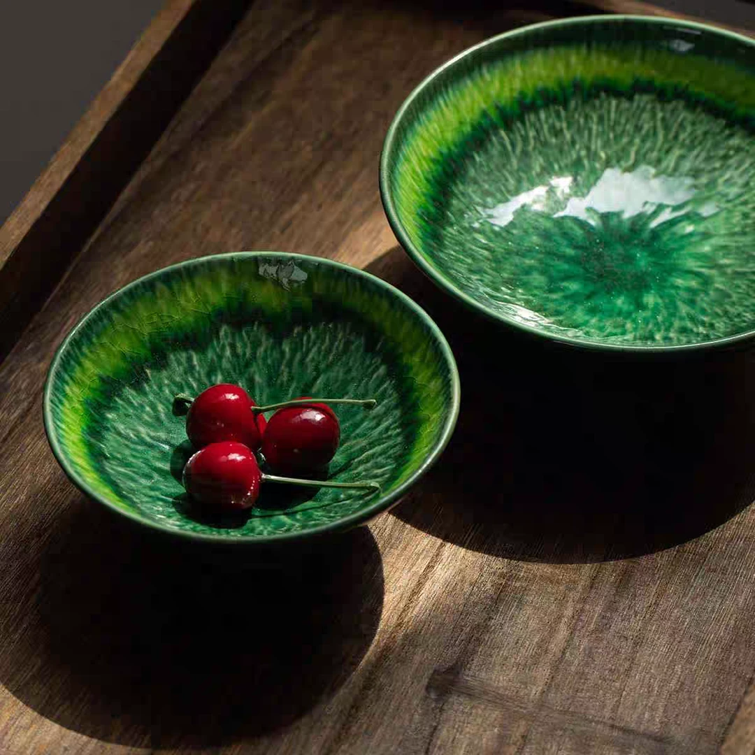 日本进口濑户烧绿琉璃高台钵高脚碗甜品碗水果盘创意纯手工日式