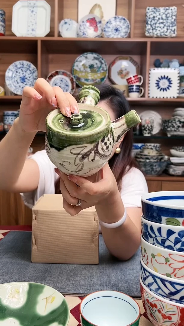 【闪购商品】瓷片赤津烧 织部窗鹤侧把急须