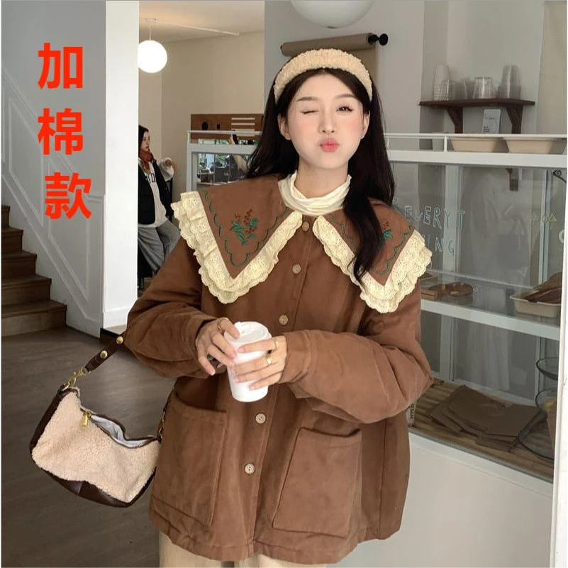 【甜芝糕丸】新款胖mm双层娃娃领蕾丝边绣花宽松遮肉棉衣外套
