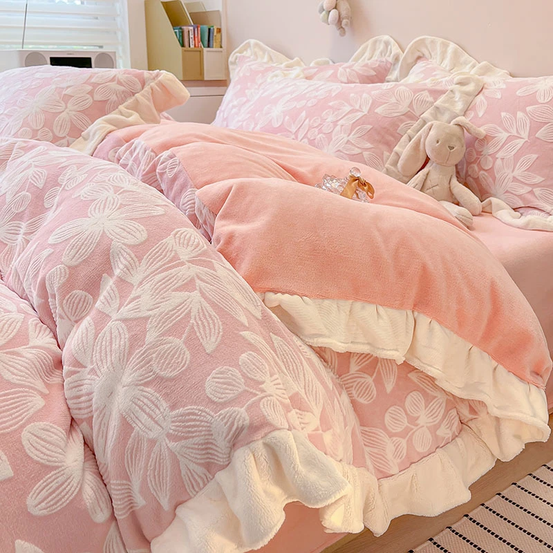 冬季加绒花边款加厚牛奶绒宝宝绒四件套床上用品被套双面绒