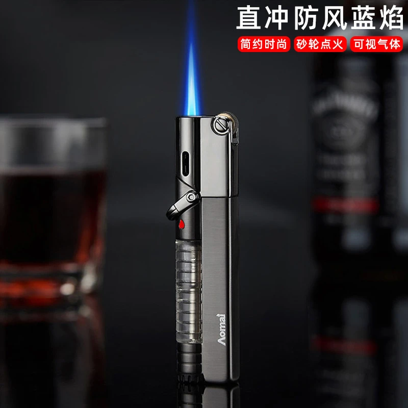 奥麦可视气窗创意气门开关长条充气防风直冲火焰砂轮打火机户外