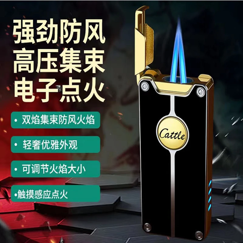 感应聚火防风充气直冲蓝焰个性打火机创意双火焊枪喷电显点火器