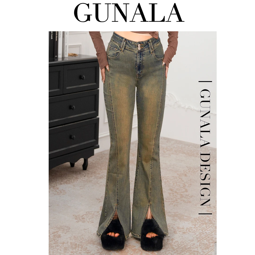 显瘦微喇开叉时尚牛仔裤显高显腿直百搭高腰牛仔裤-L150-1