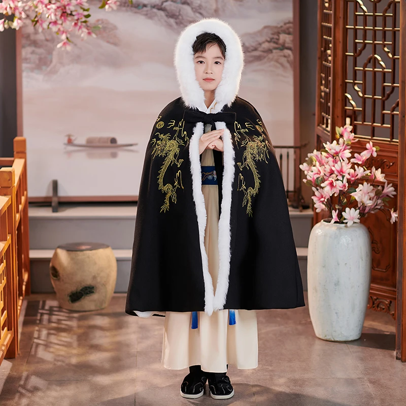 儿童汉服斗篷冬季加厚加绒男童金龙戏珠黑色披风拜年服戴帽中国风