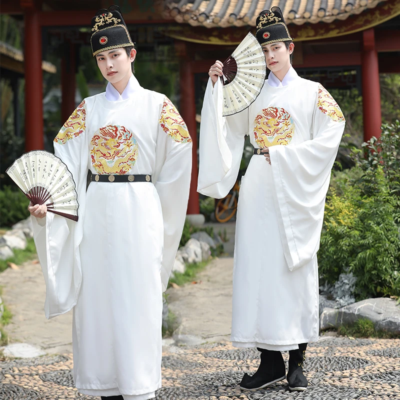 现货汉服男龙袍白色明制圆领袍皇帝四团龙复原重工绣花中国风古风