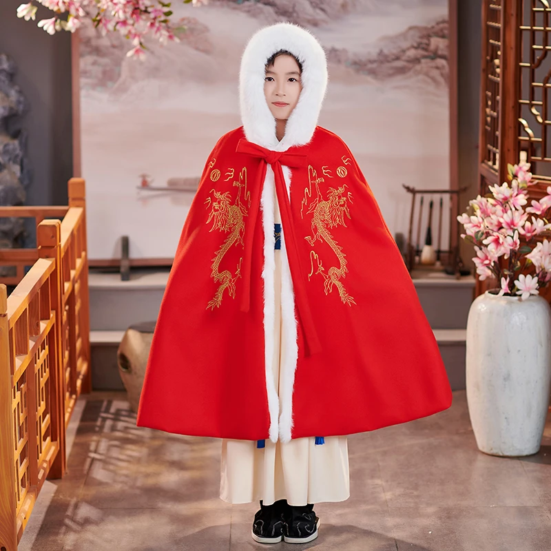 儿童汉服斗篷冬季加厚加绒男童金龙戏珠红色披风拜年服戴帽中国风