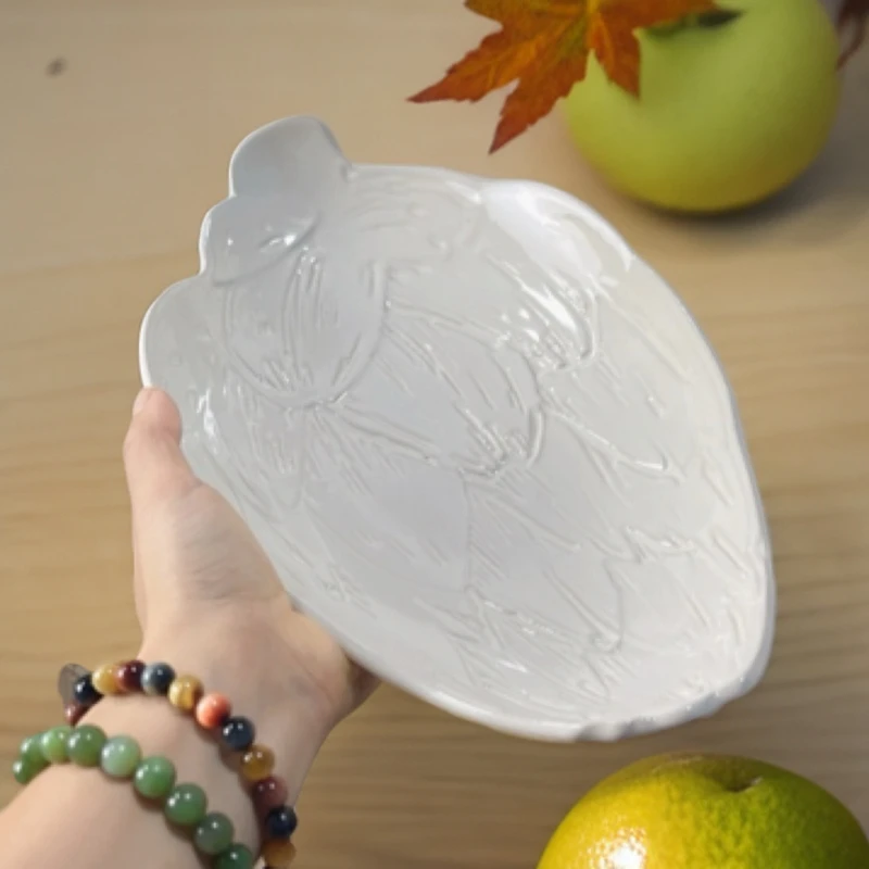 0463 微瑕品异形大号米白色树叶盘水果盘点心盘