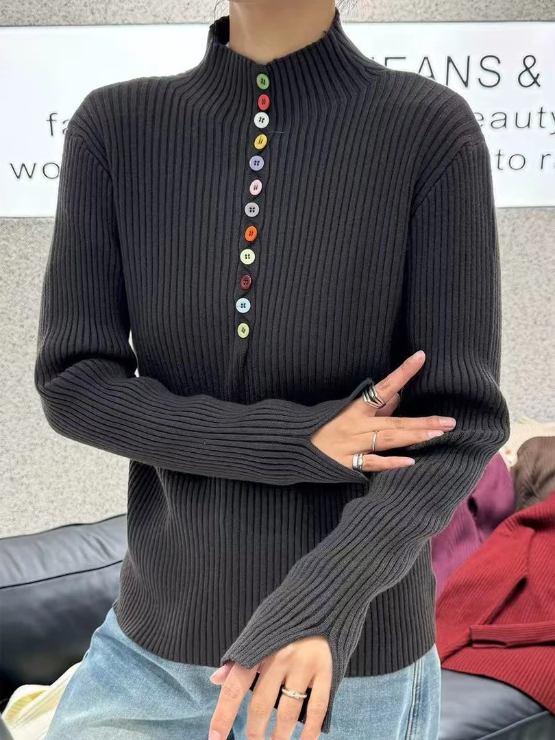 2025加绒半高领彩扣百搭毛衣N006