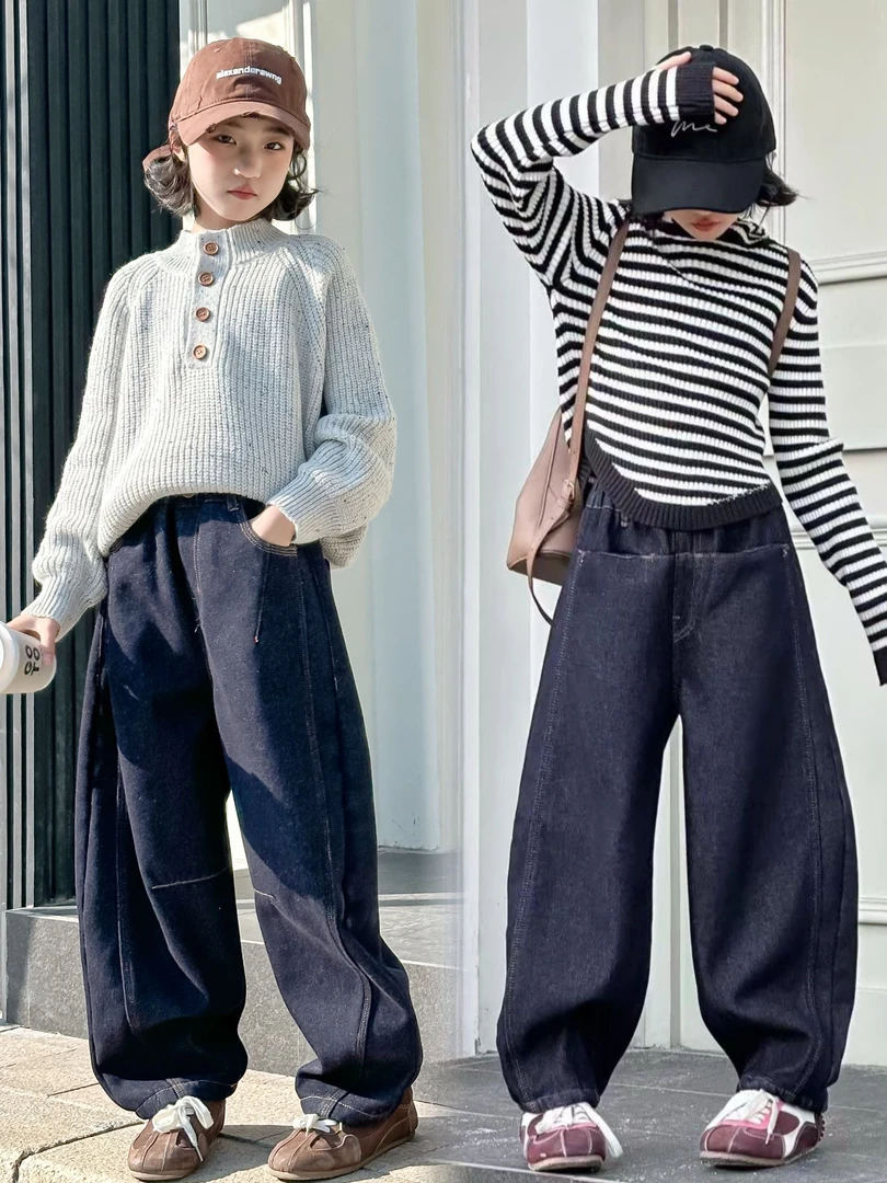 加绒‘’不掉色牛仔‘’】冬季新款女童洋气百搭宽松线条弯刀牛仔裤