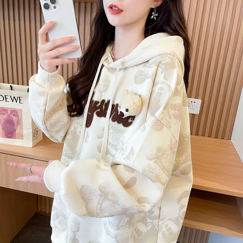 胖mm加绒连帽卫衣女秋冬宽松大码时尚女士网红洋气遮屁股刺绣上衣