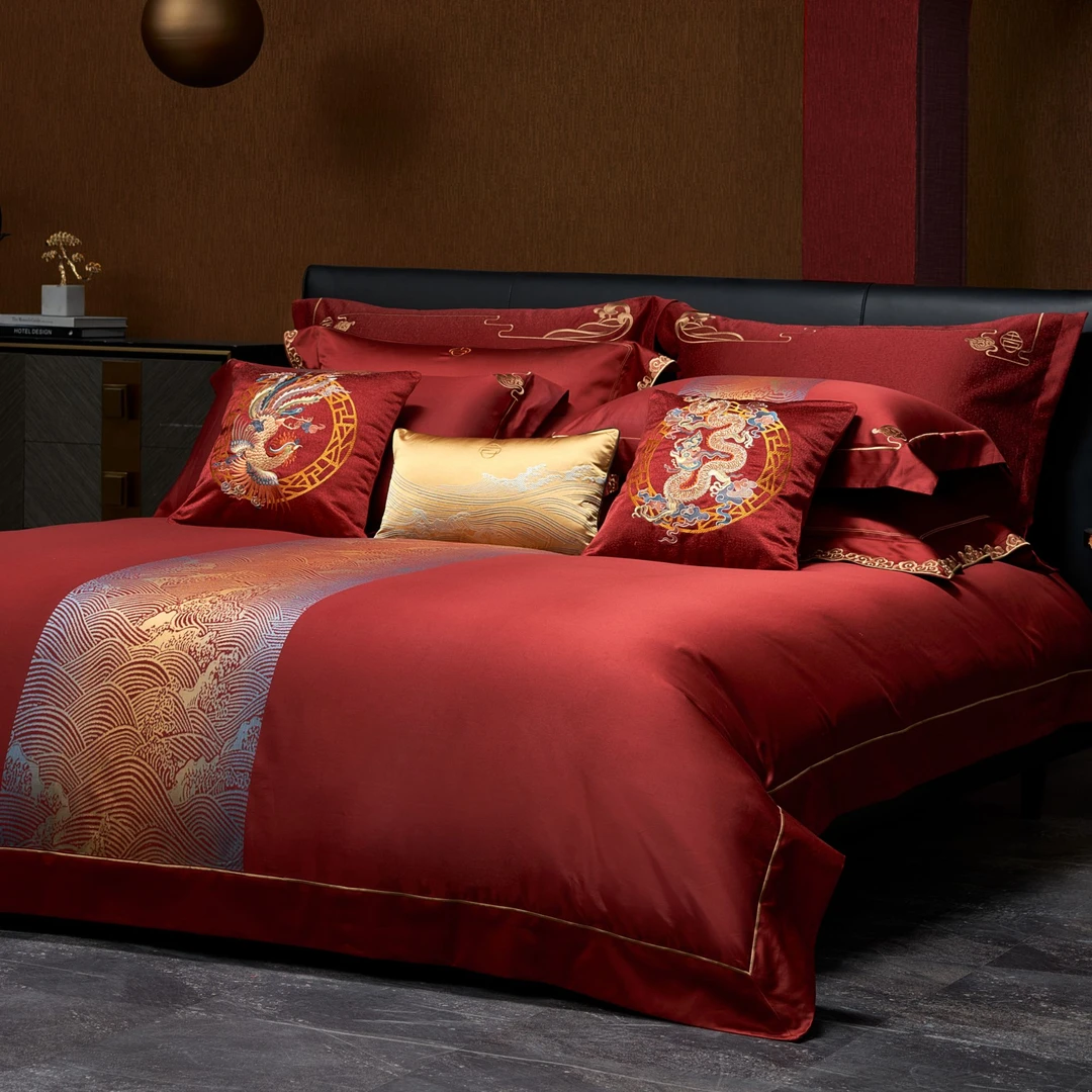 BOYUE博越/高端中国风大红婚庆四件套提花长绒棉结婚婚房高档酒店