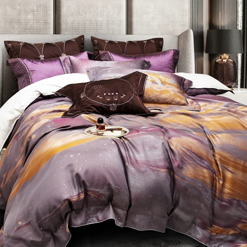BOYUE博越/高奢款私人订制埃及长绒棉紫色四件套色织提花锦缎被套