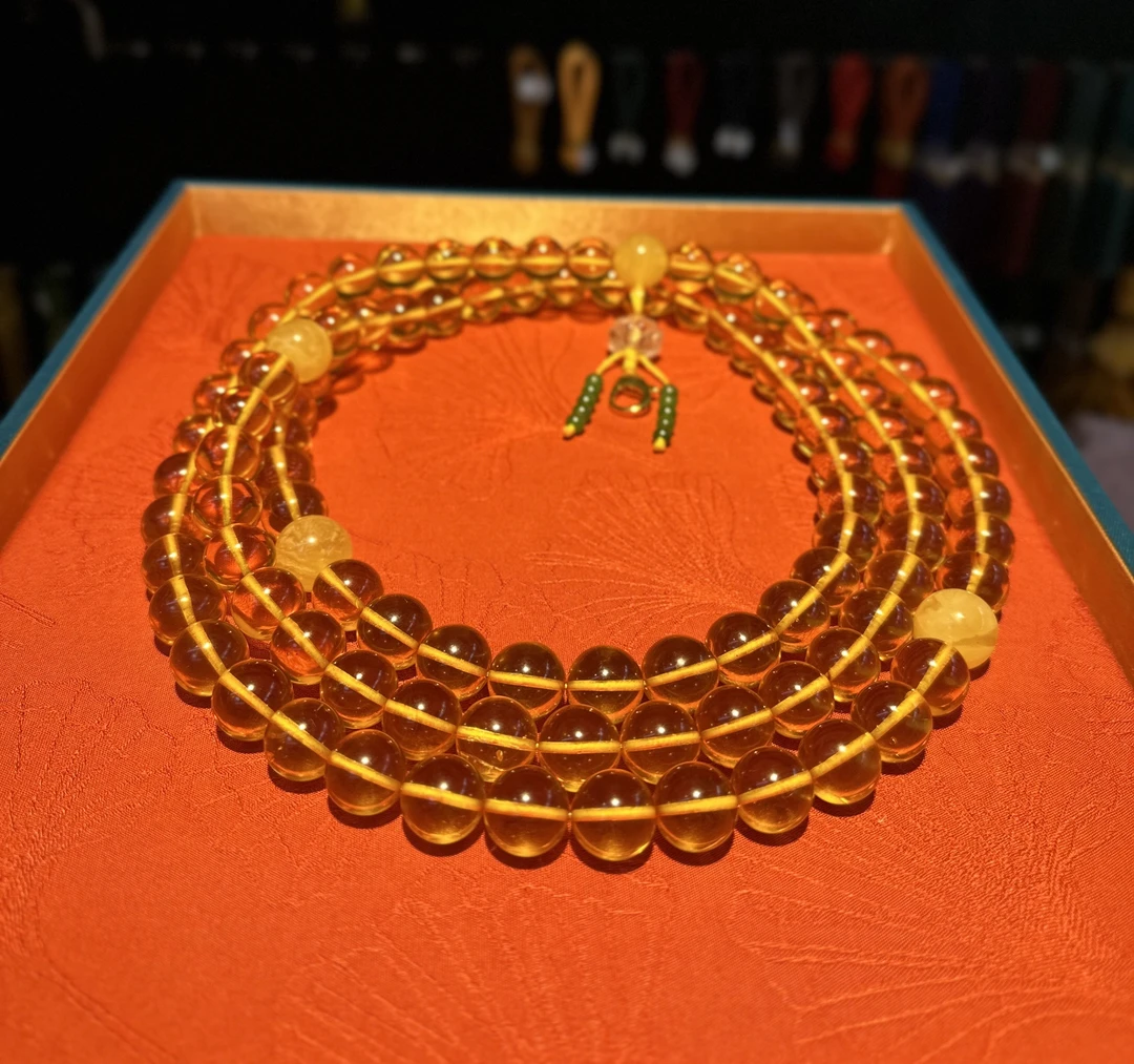 原创设计净水金珀念珠108粒黄色精美