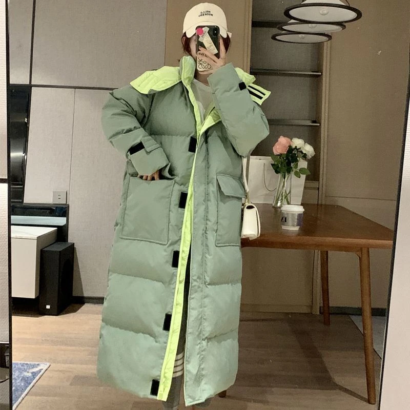 波司豋波司豋绿色衣女2023冬季面包服宽松中长款过膝到脚踝加厚