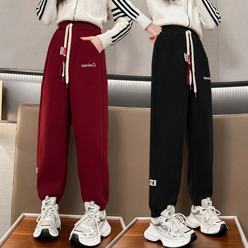 女童加绒休闲卫裤秋冬季洋气2023新款中大儿童装女孩宽松加厚长裤