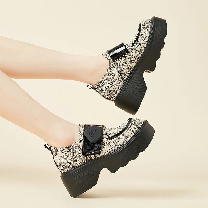 增高8CM 2024年 新款春秋圆头厚底乐福鞋内增高小个子女鞋 520-88