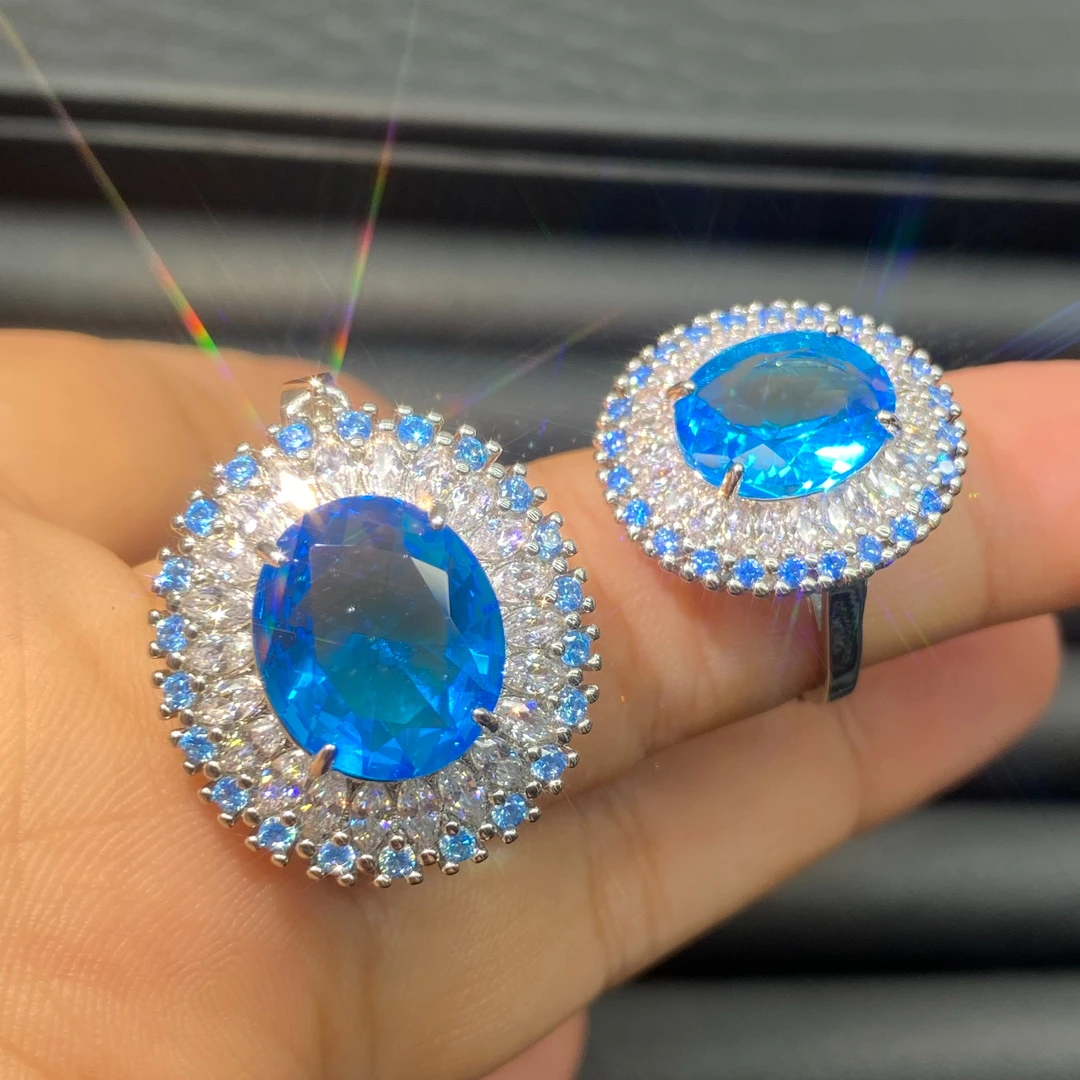 金福珠宝饰品 E56星河璀璨戒指吊坠套装天空蓝精工豪镶大方女神