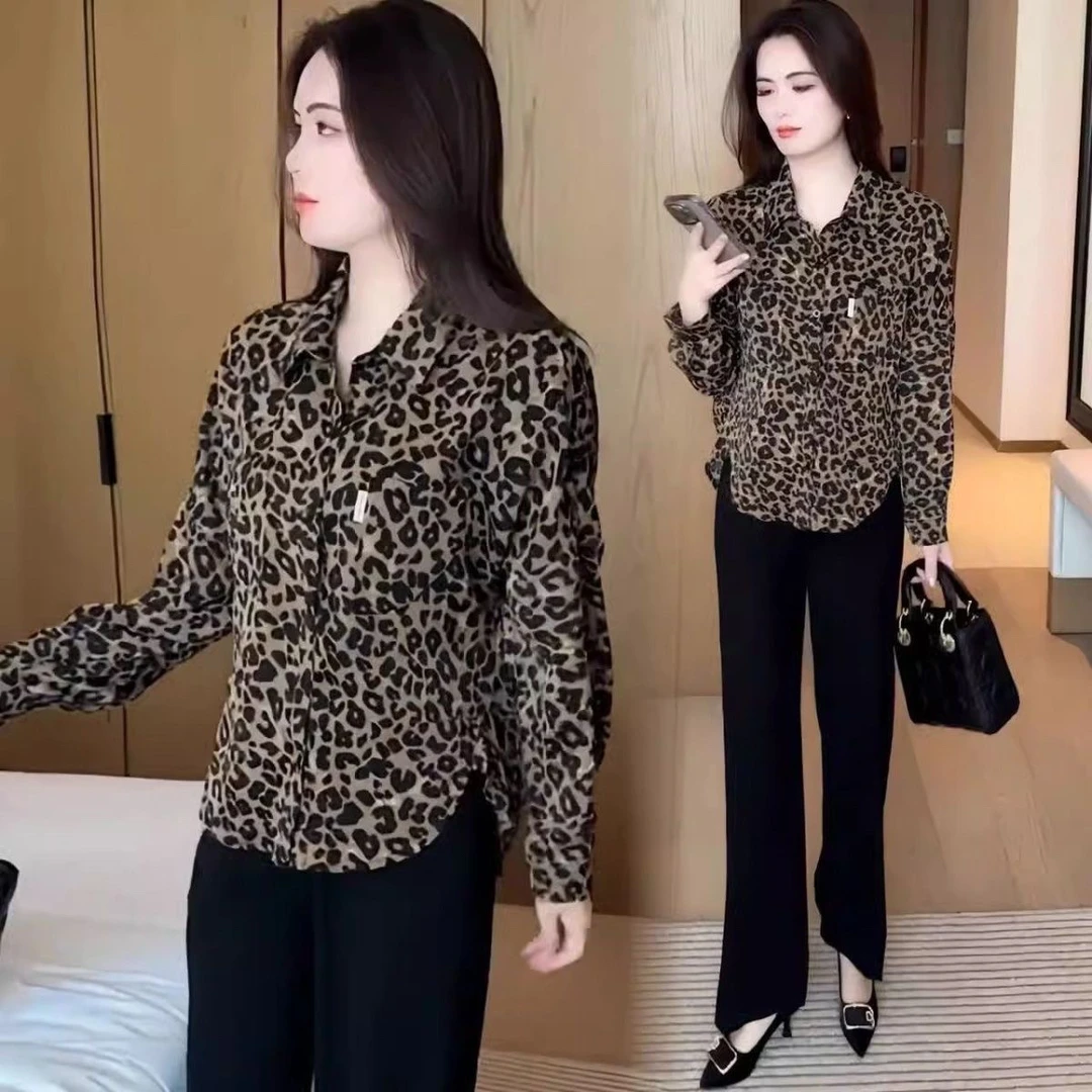 豹纹女衬衫2024春秋新款时尚衬衣长袖宽松休闲上衣百搭洋气外套潮