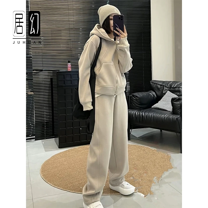 居幻休闲运动套装女秋高级感时尚洋气加绒连帽卫衣阔腿裤两件套跑
