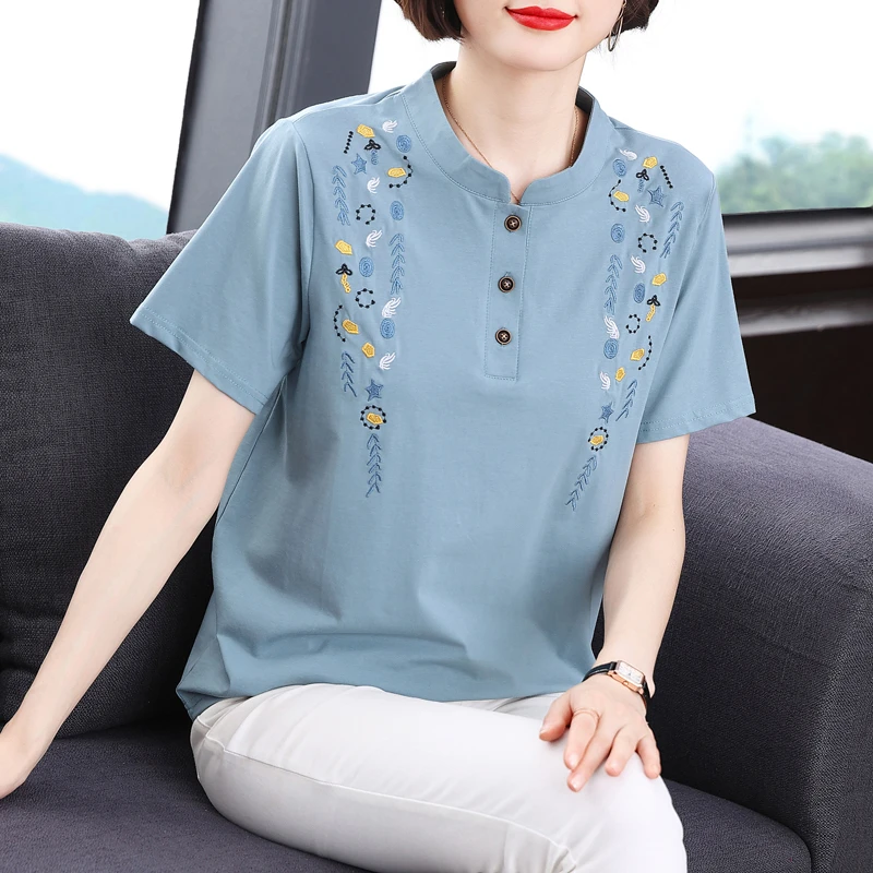 纯棉短袖t恤女宽松大码休闲半袖衬衫中老年妈妈2025新款夏装上衣