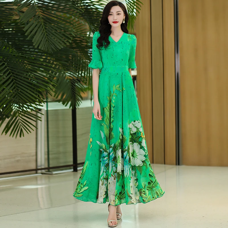 香衣丽华夏季新款五分袖绿色印花长款过膝度假大摆连衣裙气质显瘦