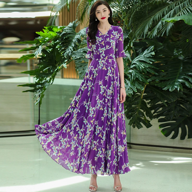 裙丽丝夏季新款五分袖数码印花长款大摆过膝中腰连衣裙修身显瘦