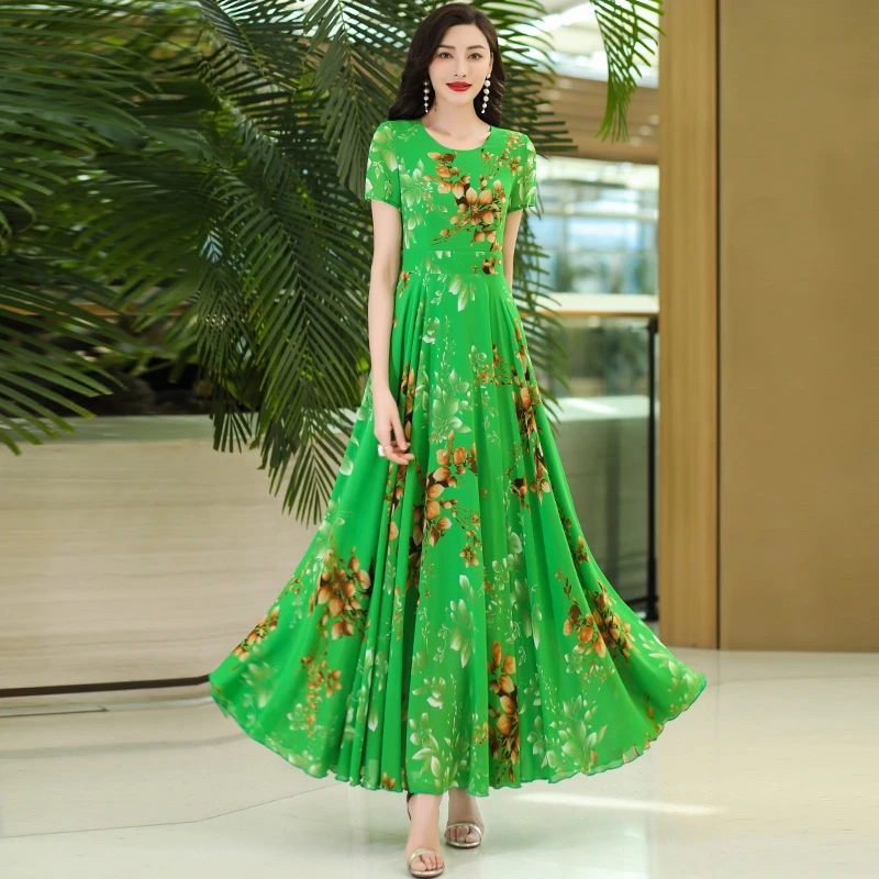 香衣丽华夏季新款五分袖大摆花色连衣裙修身显瘦气质短袖中腰长裙