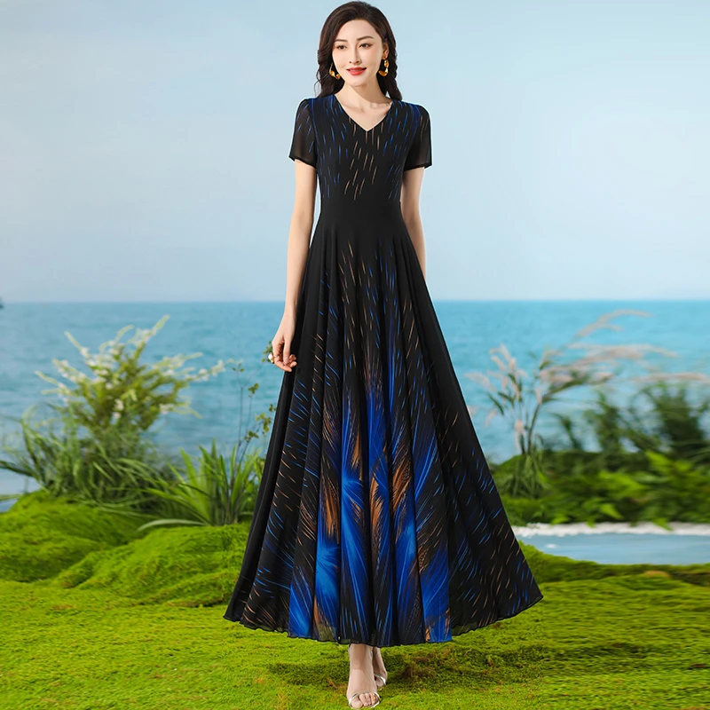 香衣丽华夏季新款V领气质印花大摆时尚连衣裙修身显瘦长裙