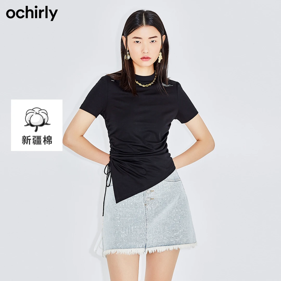 黑标系列 欧时力新品新疆棉不规则绑带设计感修身短袖t恤女
