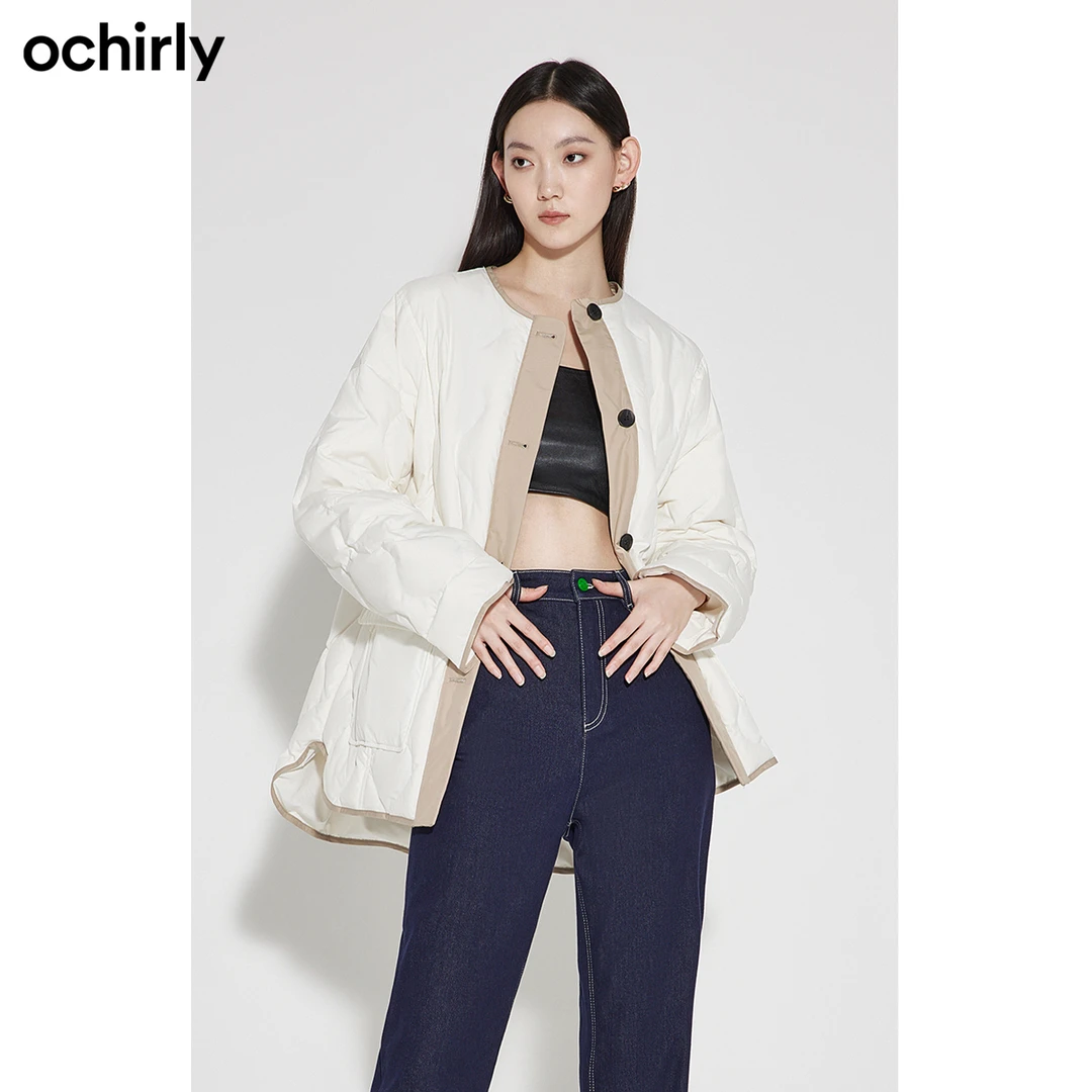 ochirly欧时力 小香风中长款羽绒服女冬装撞色压花廓形外套