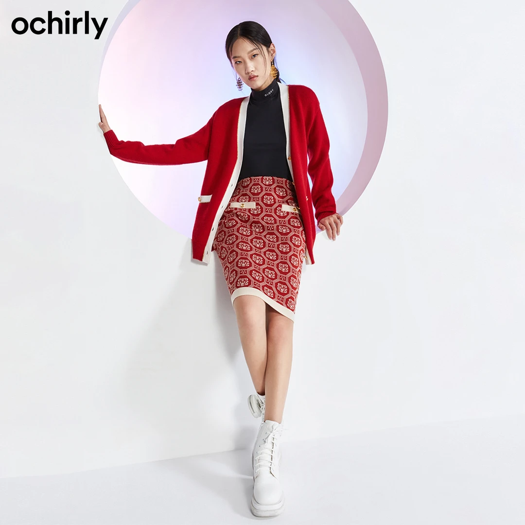 新年ochirly秋装时尚提花虎头纹包臀高腰毛织半身裙1WY107158F