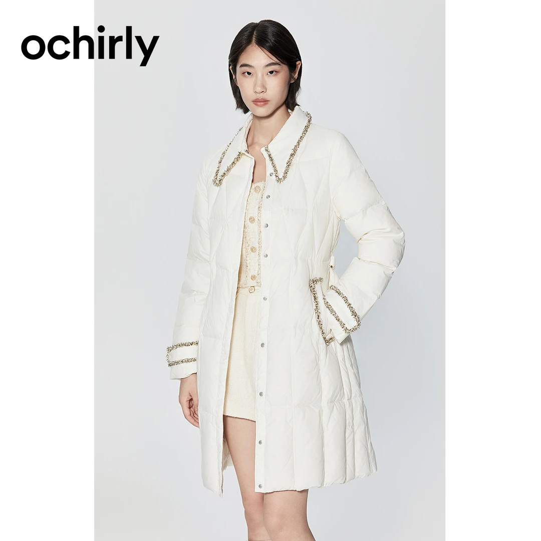 ochirly欧时力小香风西装羽绒服新款秋冬花边轻薄长款配腰带