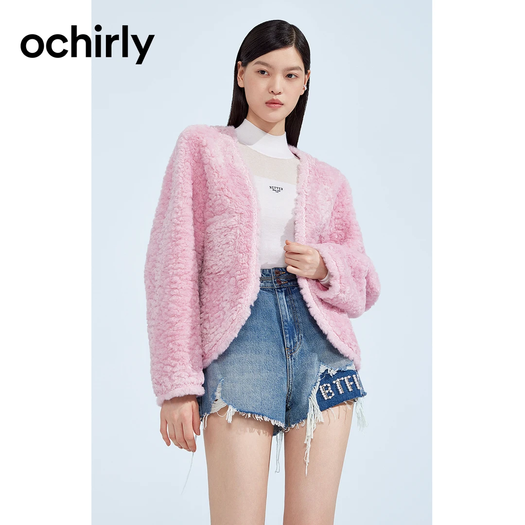 8577[赵老板专属]ochirly/欧时力 毛绒外套女秋冬V领法式软糯保暖