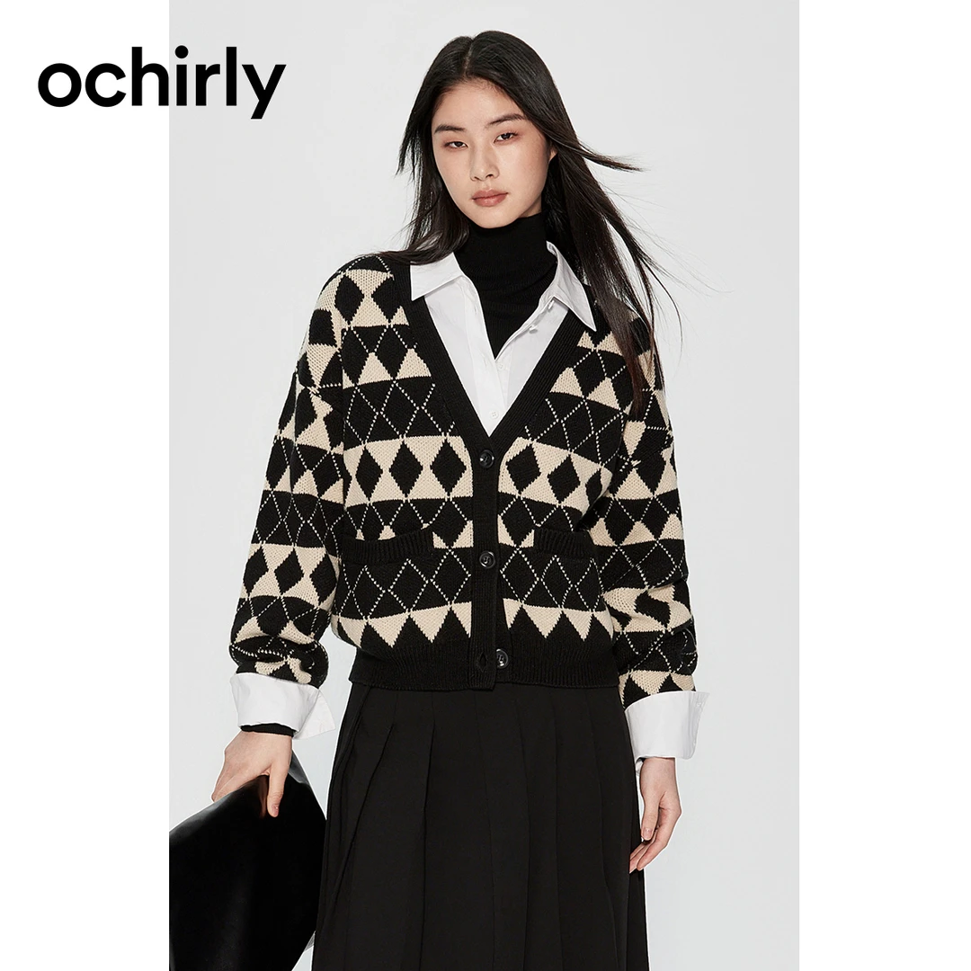 ochirly欧时力菱格条纹针织开衫女秋装新款复古外套慵懒感