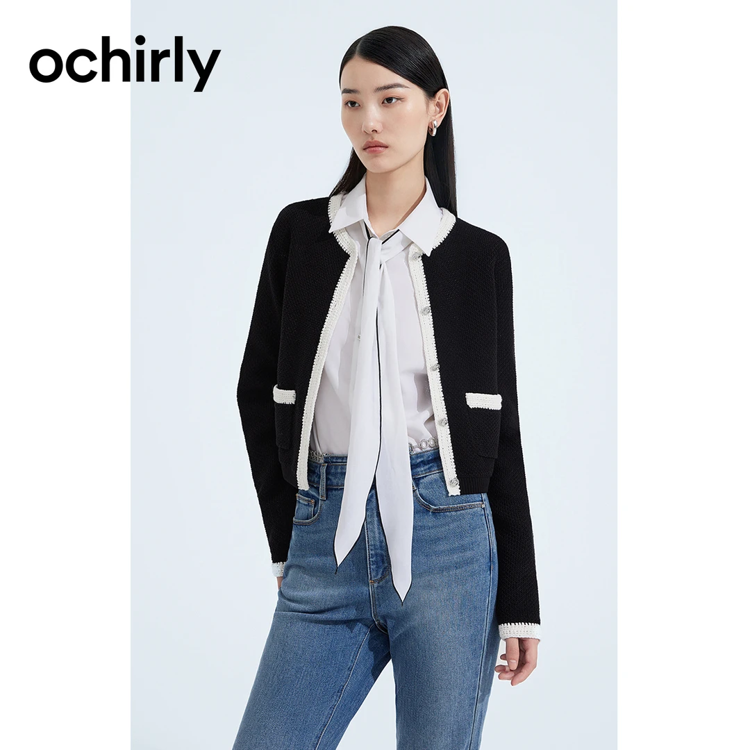 ochirly欧时力 小香风外套女秋装镂空撞色短开衫气质时尚