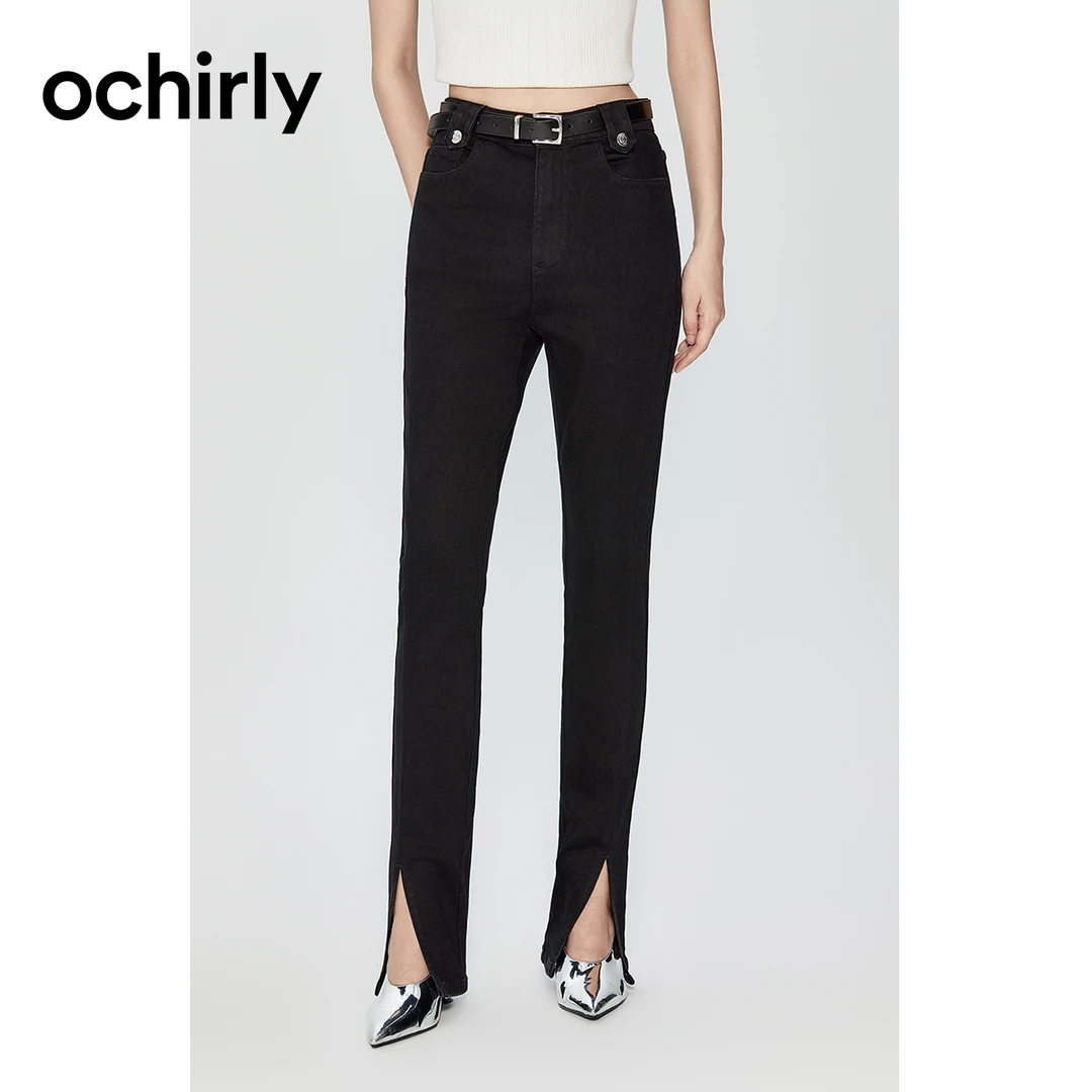 7585[赵老板专属]欧时力高弹小脚牛仔长裤冬装高腰开衩修身显瘦