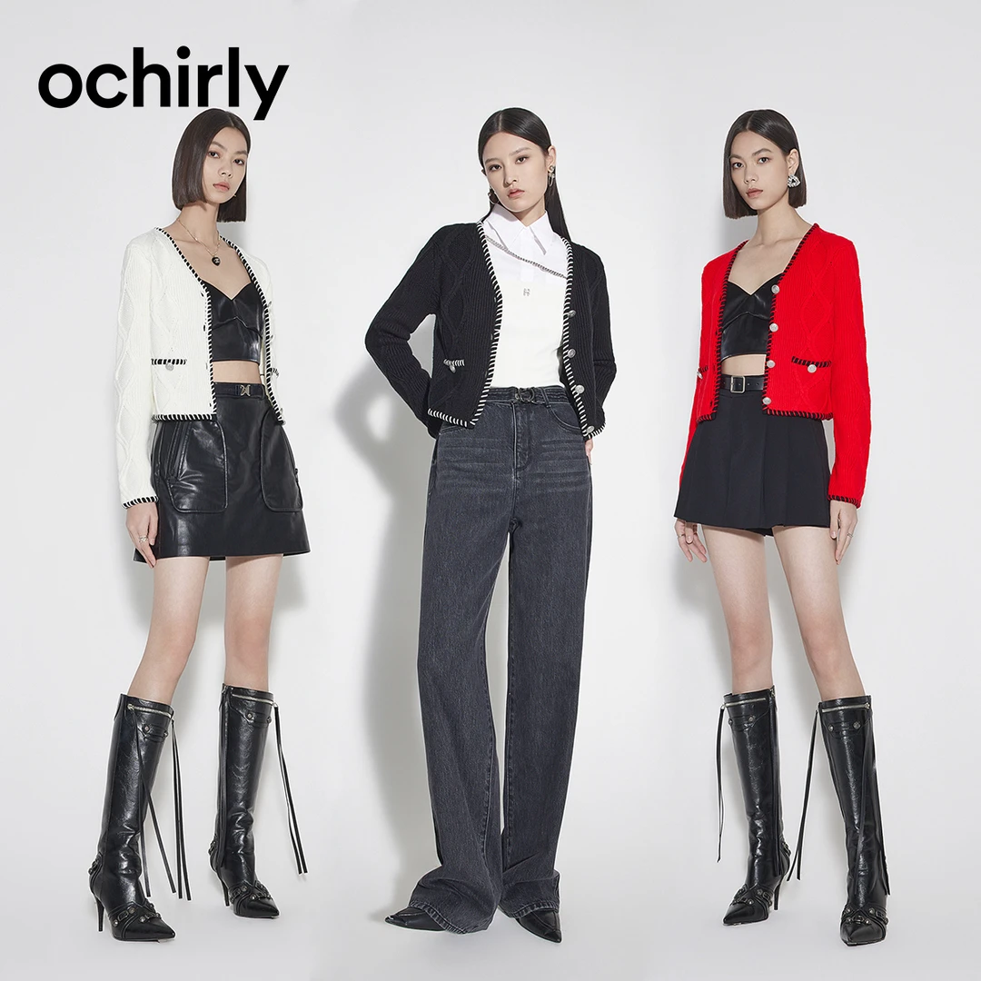 ochirly/欧时力 小香风针织外套女春装上衣短款V领设计感