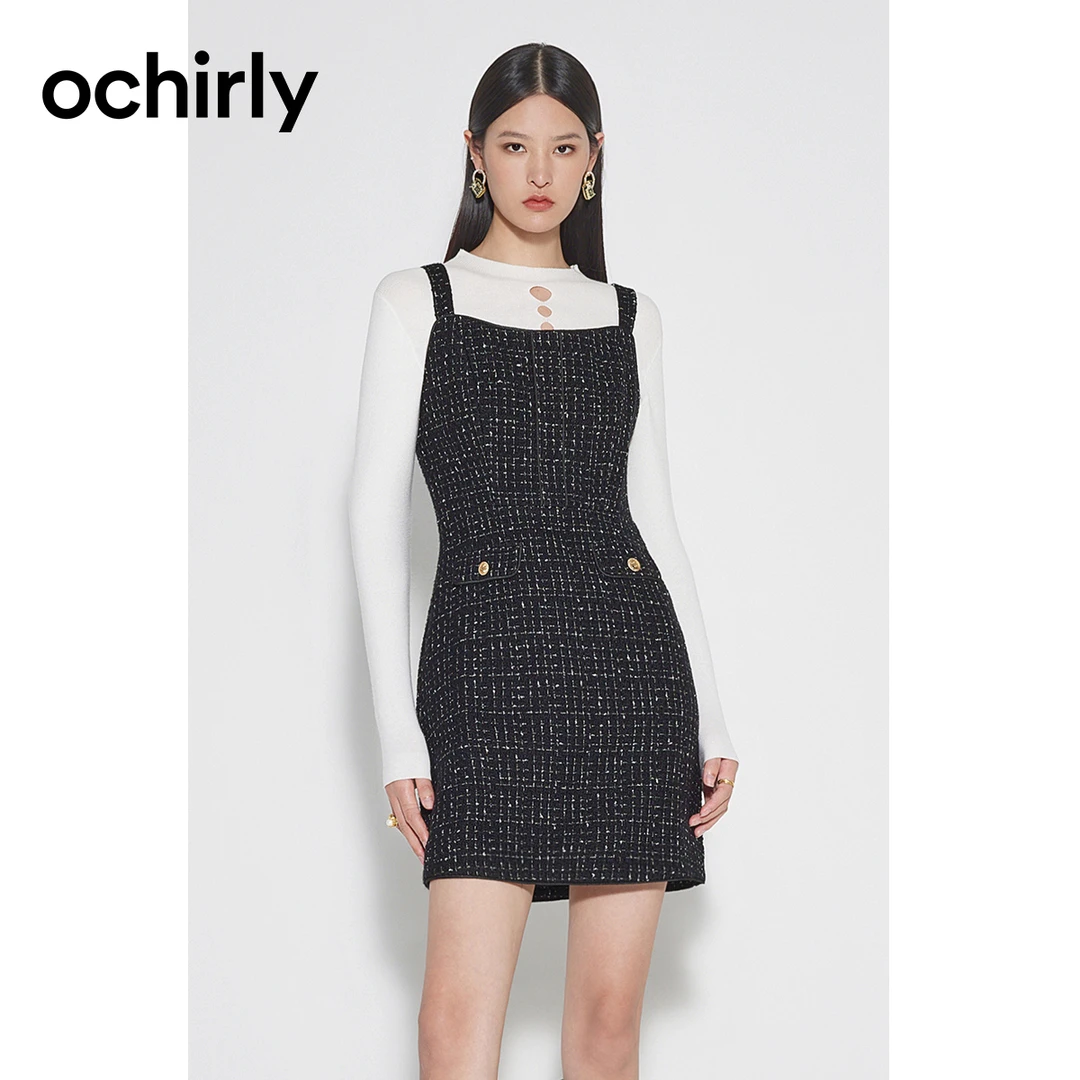 欧时力 格子小香风吊带连衣裙 新款小黑裙小白裙