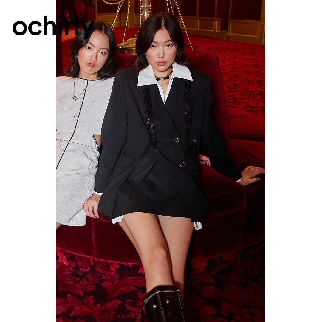 ochirly/欧时力 黑标系列 中长款西装外套配活动领设计感