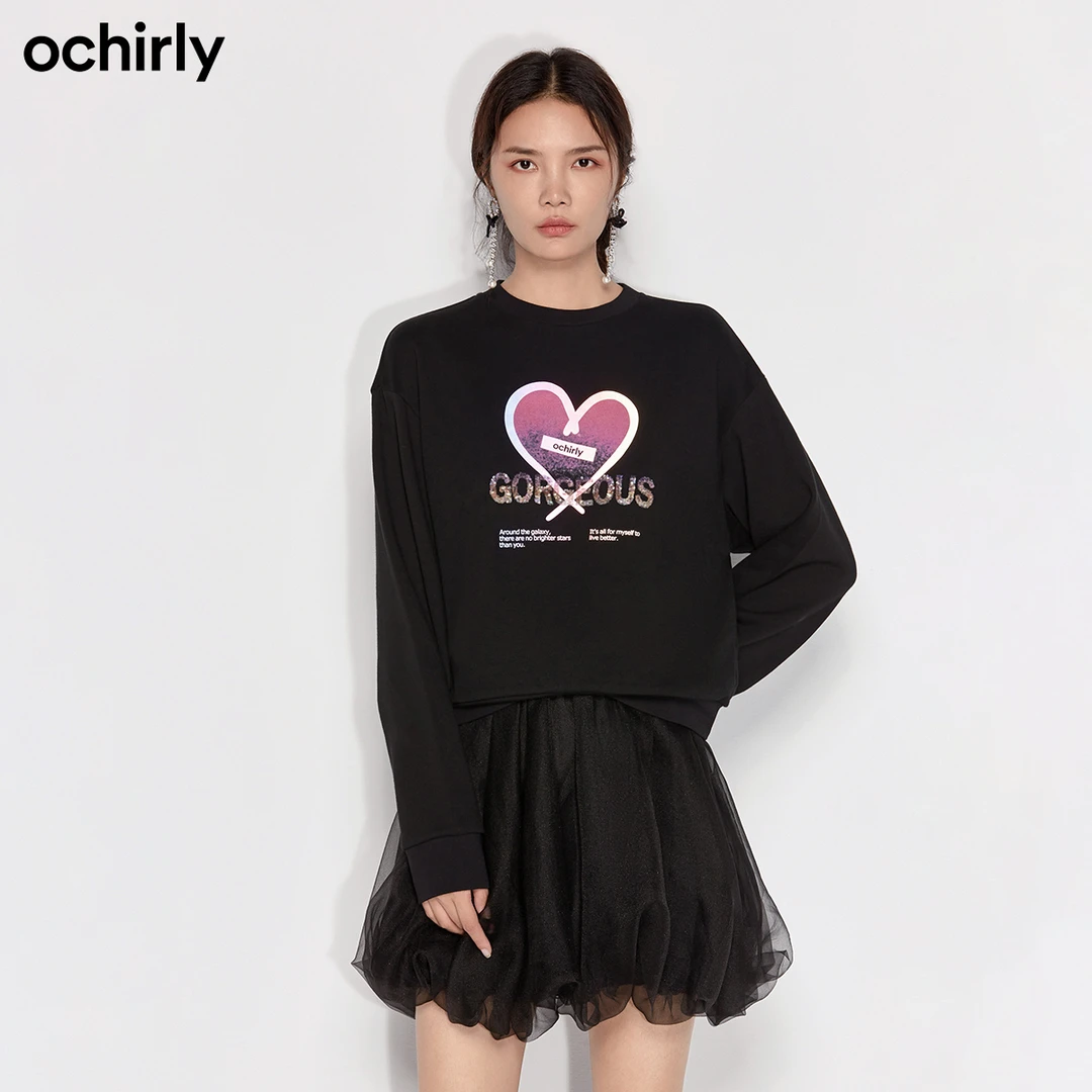 ochirly欧时力秋装渐变印花珠片卫衣女百搭圆领长袖
