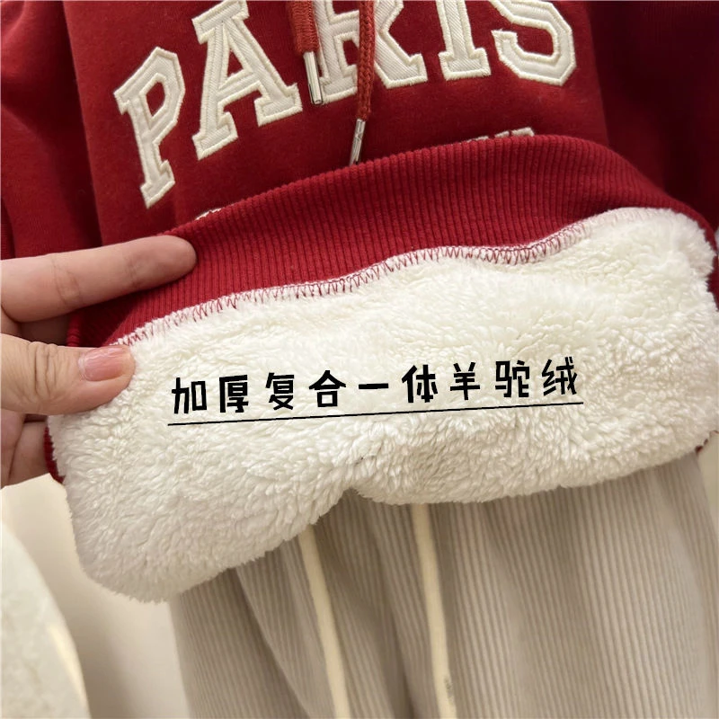 加绒加厚2023秋冬新款男女童连帽卫衣刺绣一体棉服宝宝上衣外套