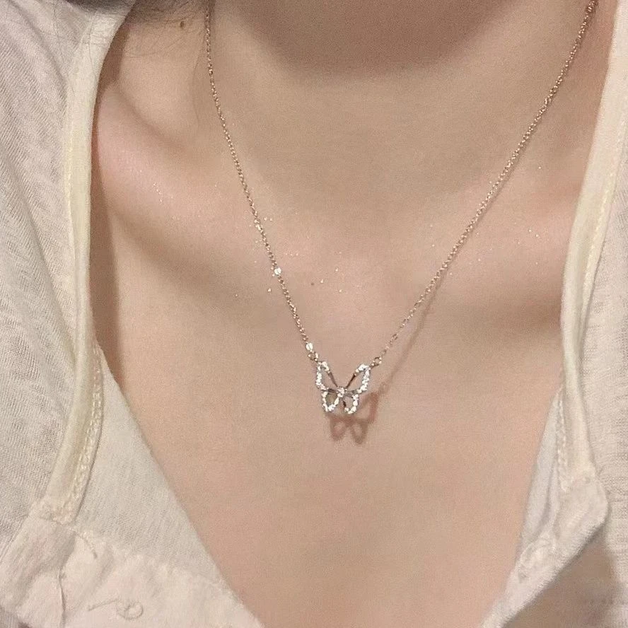 镂空蝴蝶镶钻项链女ins潮网红气质锁骨链小众设计感简约森系颈链
