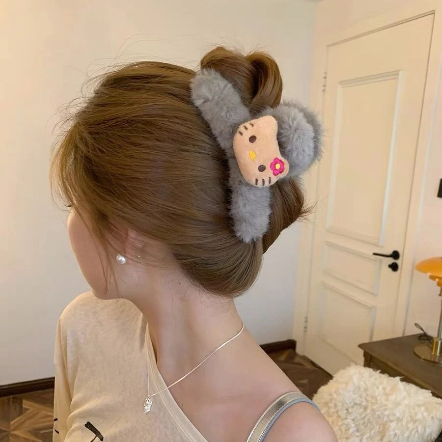 卡通猫咪毛绒抓夹毛毛发夹秋冬女后脑勺夹子头饰鲨鱼夹高级感可爱