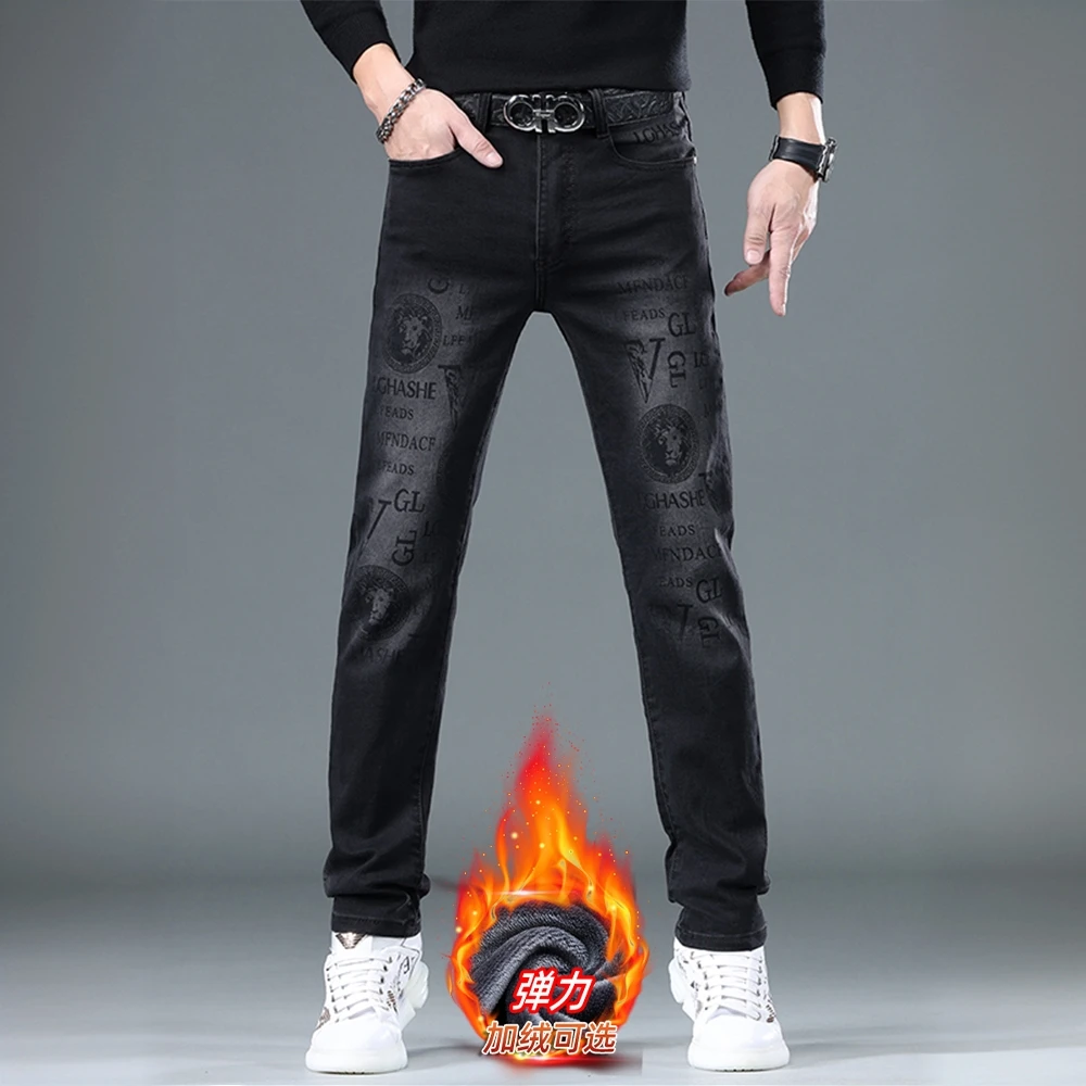 吉伦略索香港秋冬款印花黑色牛仔裤男士合体直筒弹力外穿百搭长裤