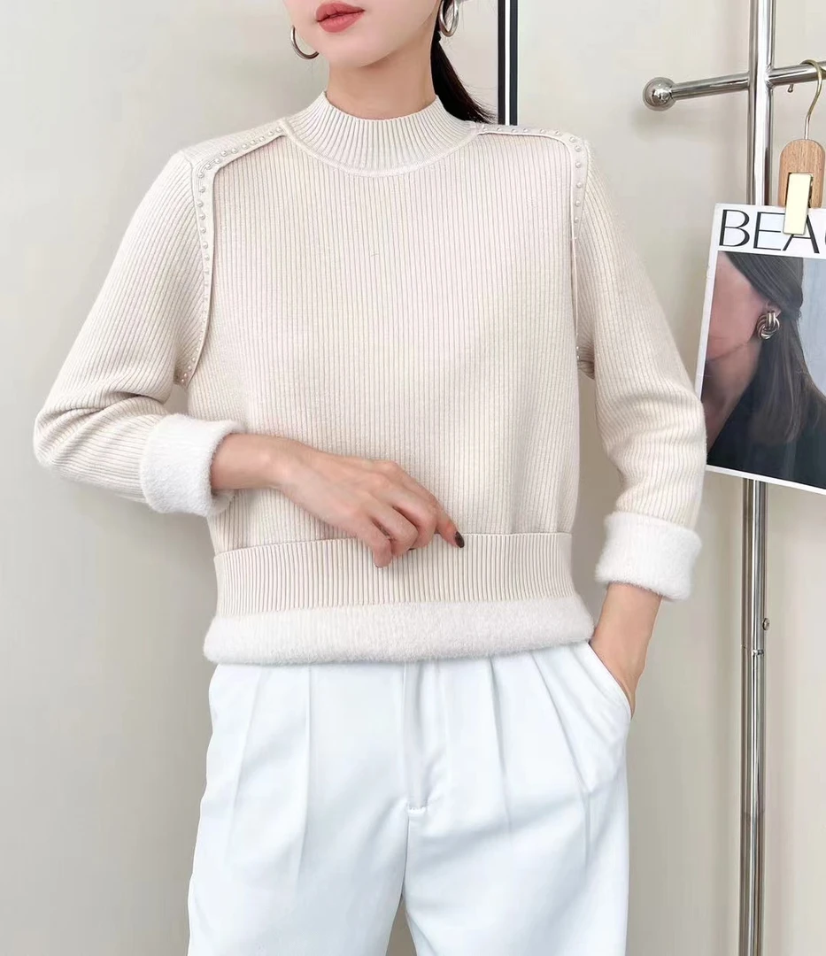 抗起球加绒毛衣女秋冬保暖一体绒打底衫内搭长袖半高领套头针织衫